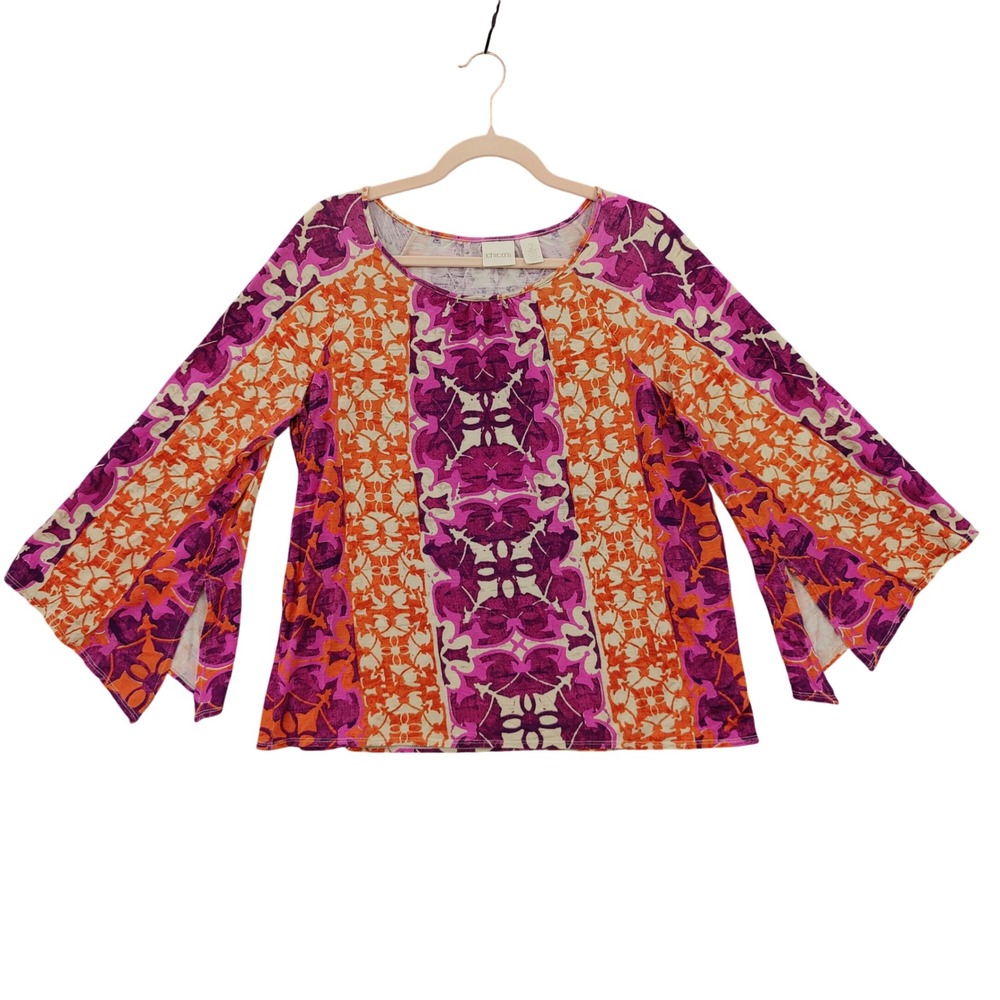 Chicos Womens Boho Eclectic Retro Art Abstract Bell Sleeve Top 2 L Purple Orange